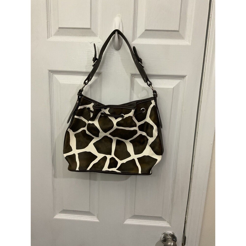 Attention Womens Black and White Faux Leather Shoulder Bag w Brown Accent